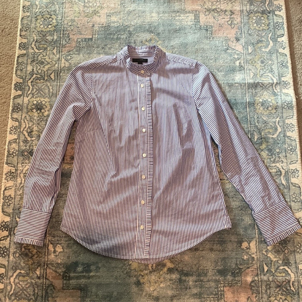 J.Crew Ruffle Collar Long Sleeve Blue and White Stripe Button Down Dress Shirt.